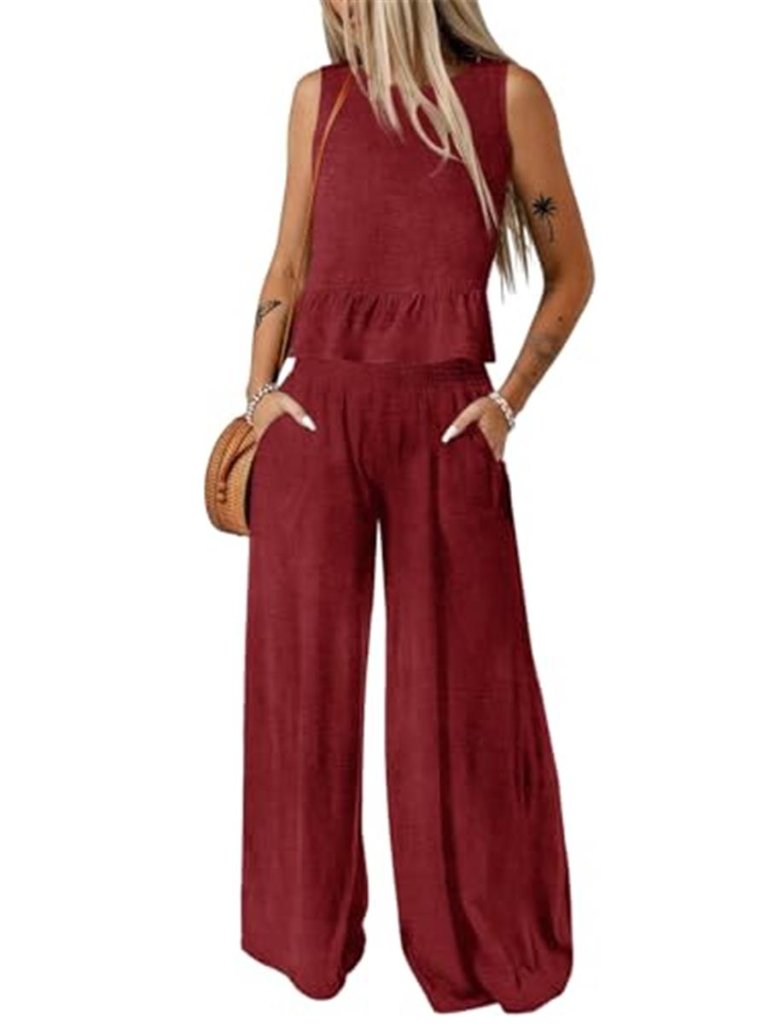 Red Sleeveless Tank Top Wide Leg Pants Set 2 Piece Outfit Women Summer Loose